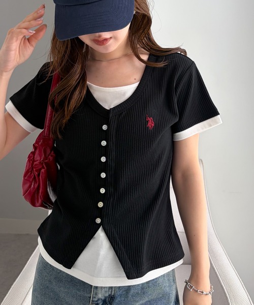 U.S. POLO ASSN.(ユーエスポロアッスン)の「RANAN/solleim別注【U.S.POLO ASSN.】バイカラーレイヤード風Tシャツ(Tシャツ/カットソー・レディース・ブラック/ネイビー/ピンク・LL/M/L)」の1枚目の写真