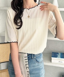 GeeRA | 透けすぎず、上品に肌見せ。配色メロー5分袖表面感カットソー(Tシャツ/カットソー)