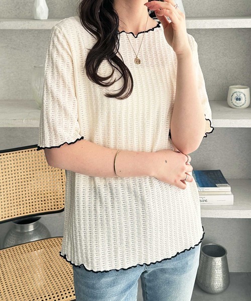 GeeRA（ジーラ）の「透けすぎず、上品に肌見せ。配色メロー５分袖表面感カットソー（Tシャツ/カットソー・レディース・アイボリー/ブラック/ライトグレー/モカ・SMALL/MEDIUM/LARGE/X-LARGE）」の20枚目の写真