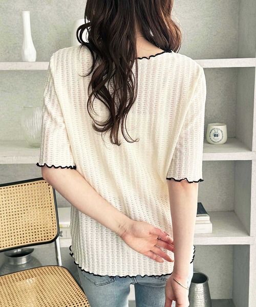 GeeRA（ジーラ）の「透けすぎず、上品に肌見せ。配色メロー５分袖表面感カットソー（Tシャツ/カットソー・レディース・アイボリー/ブラック/ライトグレー/モカ・SMALL/MEDIUM/LARGE/X-LARGE）」の22枚目の写真