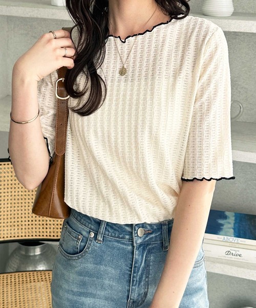 GeeRA（ジーラ）の「透けすぎず、上品に肌見せ。配色メロー５分袖表面感カットソー（Tシャツ/カットソー・レディース・アイボリー/ブラック/ライトグレー/モカ・SMALL/MEDIUM/LARGE/X-LARGE）」の18枚目の写真