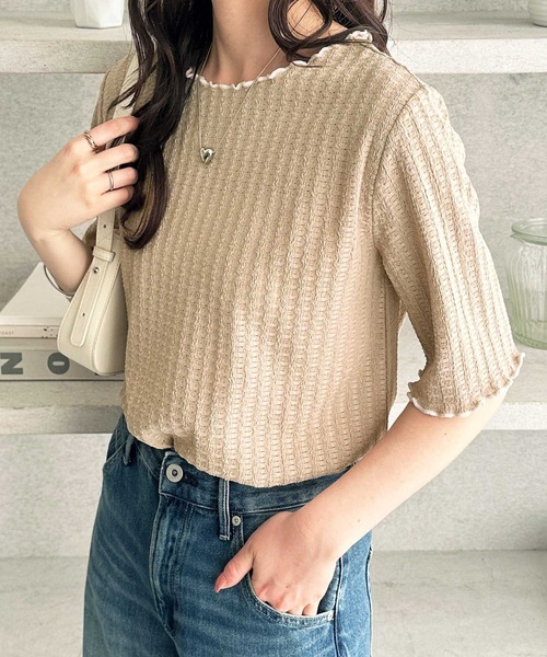 GeeRA（ジーラ）の「透けすぎず、上品に肌見せ。配色メロー５分袖表面感カットソー（Tシャツ/カットソー・レディース・アイボリー/ブラック/ライトグレー/モカ・SMALL/MEDIUM/LARGE/X-LARGE）」の13枚目の写真
