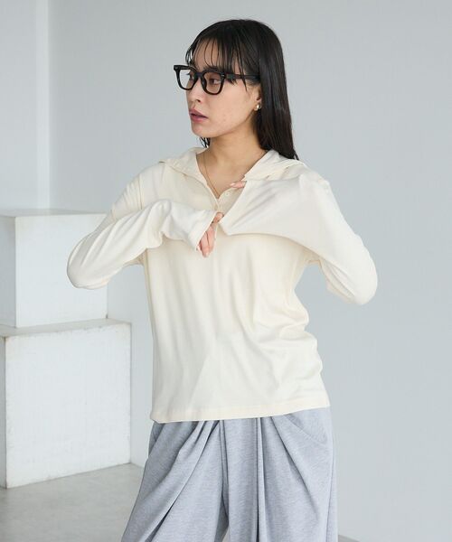 CRAFT STANDARD BOUTIQUE(クラフトスタンダードブティック)の「ハイネックハーフボタンプルオーバー(Tシャツ/カットソー・レディース・杢グレー/オフホワイト/ライトブルー・FREE)」の5枚目の写真