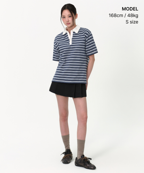 MUSINSA STANDARD WOMAN（ムシンサスタンダードウーマン）の「ウィメンズマルチストライプ半袖ラグビーシャツ[ネイビー]（ポロシャツ・レディース・その他・SMALL/MEDIUM/LARGE/X-SMALL）」の2枚目の写真