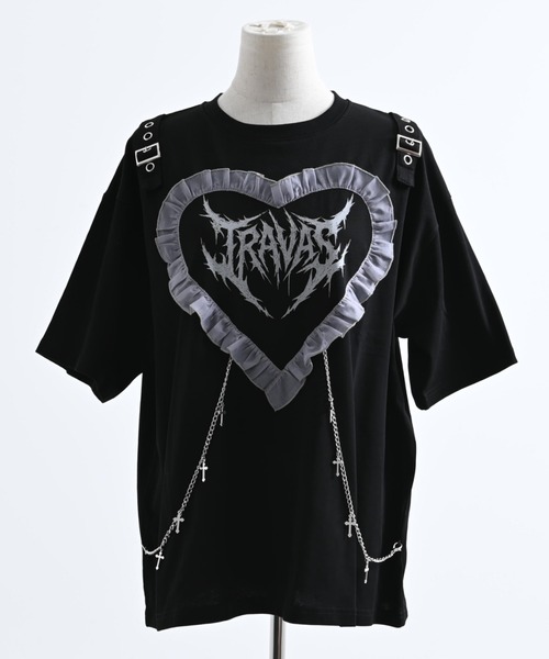 TRAVAS TOKYO(トラバス トウキョウ)の「『TRAVAS TOKYO/トラバス トーキョー』チェーン付きハートフリルTシャツ(Tシャツ/カットソー・レディース・ホワイト/ブラック・FREE)」の13枚目の写真