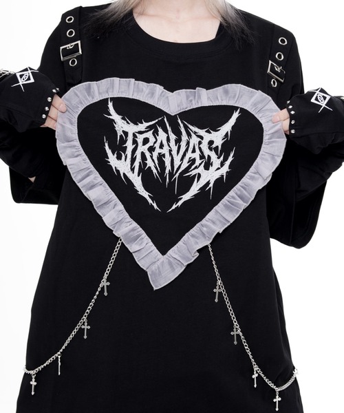TRAVAS TOKYO(トラバス トウキョウ)の「『TRAVAS TOKYO/トラバス トーキョー』チェーン付きハートフリルTシャツ(Tシャツ/カットソー・レディース・ホワイト/ブラック・FREE)」の6枚目の写真