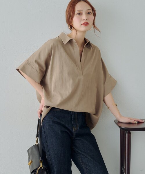 DISCOAT(ディスコート)の「【Noka】衿付きスキッパー半袖シャツ(シャツ/ブラウス・レディース・ベージュ/ネイビー/ブルー/オフホワイト・FREE)」の6枚目の写真