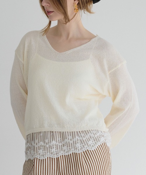 Mia   （ミア）の「サマーニット×カップ付き裾レースキャミ（Tシャツ/カットソー・レディース・モカ/アイボリー/グレー/ブラック・FREE）」の2枚目の写真