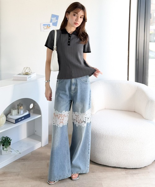 mily bilet(ミウィビレット)の「【mily bilet】オン・オフ使えて、華奢見えも。金縁ボタン使いバイカラーリブポロニット(半袖)(ポロシャツ・レディース・ピンク/チャコール/イエロー・LARGE/MEDIUM/SMALL/X-LARGE)」の8枚目の写真