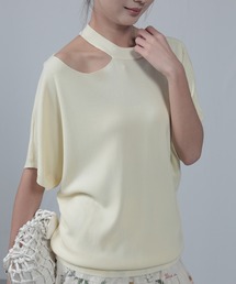 【接触冷感/UVカット/着る日傘】アシメネックカットアウトドルマン リプ サマーニット 半袖 プルオーバー