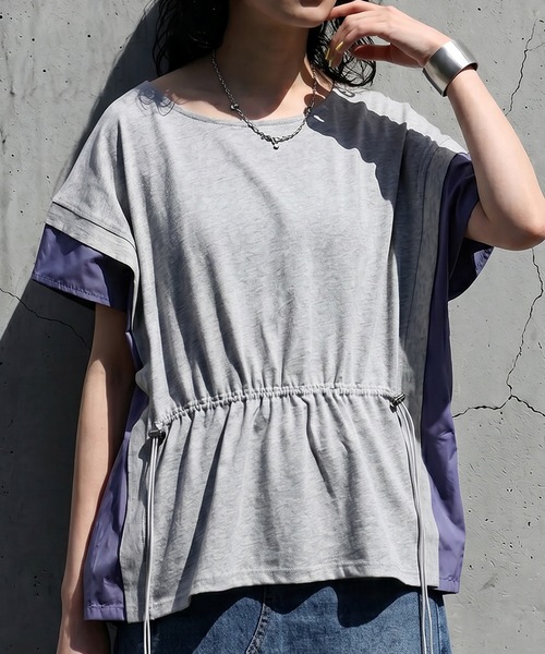antiqua(アンティカ)の「異素材切替 ドロスト 配色 カットソー Tシャツ(Tシャツ/カットソー・レディース・ブラック/グレー/ホワイト・ONESIZE)」の3枚目の写真