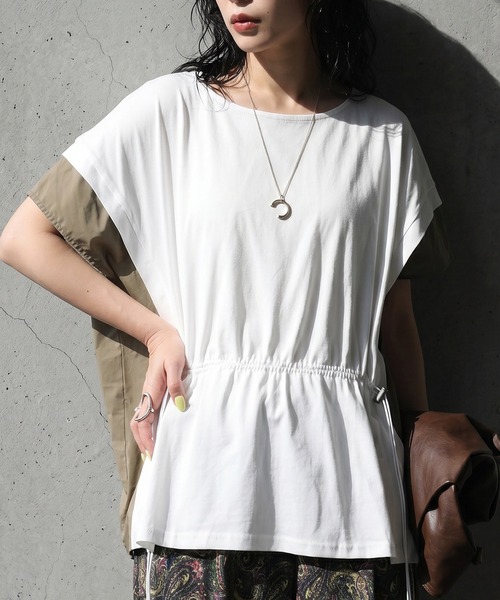 antiqua(アンティカ)の「異素材切替 ドロスト 配色 カットソー Tシャツ(Tシャツ/カットソー・レディース・ブラック/グレー/ホワイト・ONESIZE)」の1枚目の写真