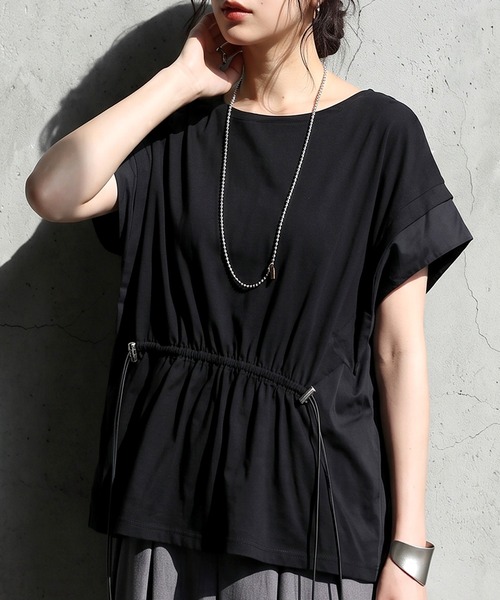 antiqua(アンティカ)の「異素材切替 ドロスト 配色 カットソー Tシャツ(Tシャツ/カットソー・レディース・ブラック/グレー/ホワイト・ONESIZE)」の2枚目の写真