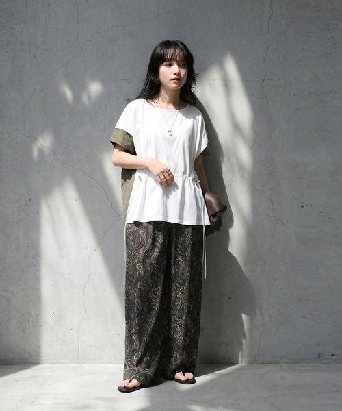 antiqua(アンティカ)の「異素材切替 ドロスト 配色 カットソー Tシャツ(Tシャツ/カットソー・レディース・ブラック/グレー/ホワイト・ONESIZE)」の4枚目の写真