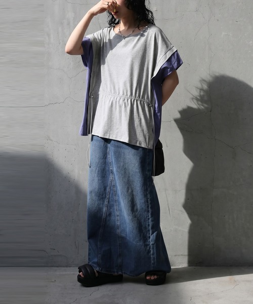 antiqua(アンティカ)の「異素材切替 ドロスト 配色 カットソー Tシャツ(Tシャツ/カットソー・レディース・ブラック/グレー/ホワイト・ONESIZE)」の16枚目の写真