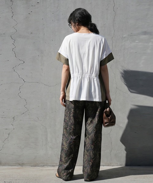 antiqua(アンティカ)の「異素材切替 ドロスト 配色 カットソー Tシャツ(Tシャツ/カットソー・レディース・ブラック/グレー/ホワイト・ONESIZE)」の6枚目の写真