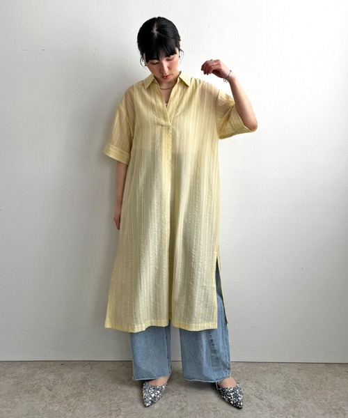 LHELBIE(レルビエ)の「テープデザインシャツワンピ(ワンピース・レディース・グリーン/イエロー/アイボリー・M)」の16枚目の写真