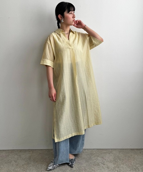 LHELBIE(レルビエ)の「テープデザインシャツワンピ(ワンピース・レディース・グリーン/イエロー/アイボリー・M)」の15枚目の写真