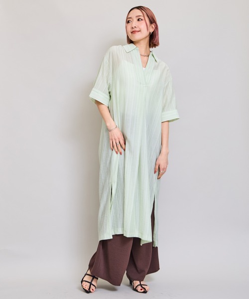 LHELBIE(レルビエ)の「テープデザインシャツワンピ(ワンピース・レディース・グリーン/イエロー/アイボリー・M)」の14枚目の写真