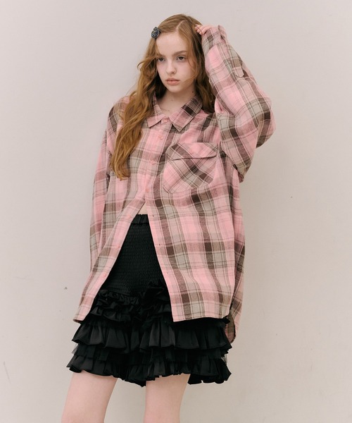 J1U by LA BELLE ETUDE(ジユウバイラベルエチュード)の「オーバーサイズPINKチェックシャツ(シャツ/ブラウス・レディース・フューシャピンク/ピンク・FREE)」の7枚目の写真