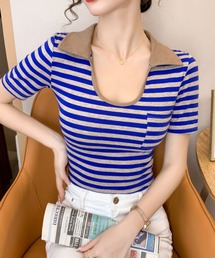 ボーダー柄 襟付き リブカットソー 半袖 コンパクトTシャツ 配色デザイン ポケット付き