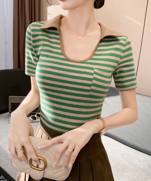 2ly2(トゥーリートゥー)の「ボーダー柄 襟付き リブカットソー 半袖 コンパクトTシャツ 配色デザイン ポケット付き(Tシャツ/カットソー・レディース・グリーン/ブラック/ブルー・FREE)」の2枚目の写真