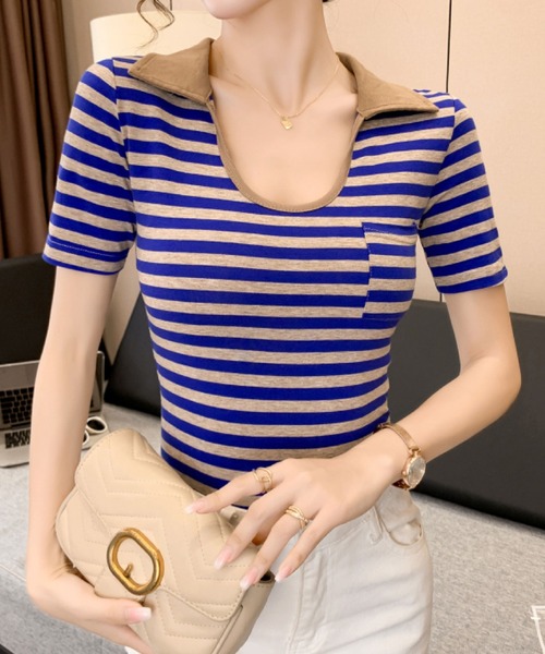 2ly2(トゥーリートゥー)の「ボーダー柄 襟付き リブカットソー 半袖 コンパクトTシャツ 配色デザイン ポケット付き(Tシャツ/カットソー・レディース・グリーン/ブラック/ブルー・FREE)」の16枚目の写真