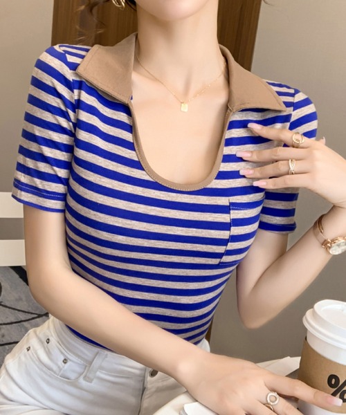 2ly2(トゥーリートゥー)の「ボーダー柄 襟付き リブカットソー 半袖 コンパクトTシャツ 配色デザイン ポケット付き(Tシャツ/カットソー・レディース・グリーン/ブラック/ブルー・FREE)」の17枚目の写真