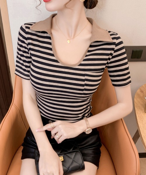 2ly2(トゥーリートゥー)の「ボーダー柄 襟付き リブカットソー 半袖 コンパクトTシャツ 配色デザイン ポケット付き(Tシャツ/カットソー・レディース・グリーン/ブラック/ブルー・FREE)」の5枚目の写真