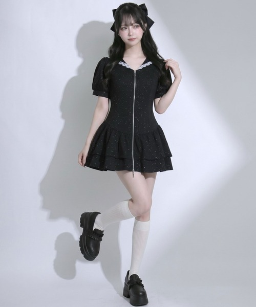 DearMyLoveRose(ディアマイラブローズ)の「フロントジップセーラーカラーラメスウェットミニワンピース【大きいサイズあり】(ワンピース・レディース・ブラック/ホワイト/グレー・LL~3L/L~LL/M-L)」の4枚目の写真