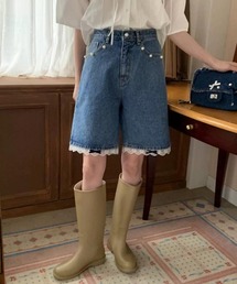 裾レース×リボン付きデニムハーフパンツ