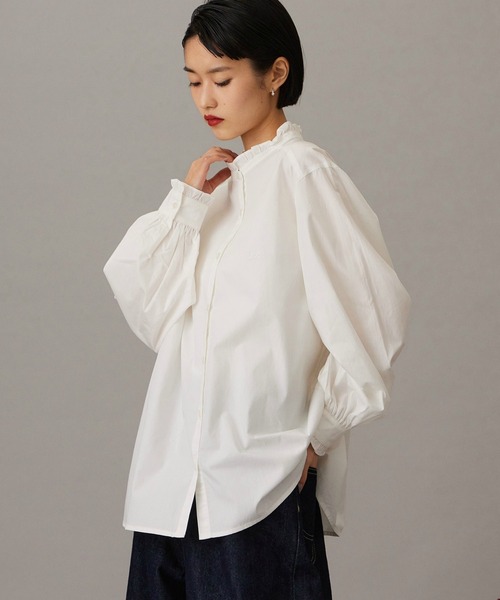 Lee(リー)の「Lee FRILL DENIM SHIRTS / フリルデニムシャツ(シャツ/ブラウス・レディース・ホワイト/インディゴブルー・MEDIUM/SMALL)」の1枚目の写真