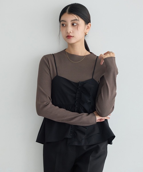 YECCA VECCA(イェッカヴェッカ)の「【2点SET】ラッフルキャミセット長袖ニット(ニット/セーター・レディース・ブラック/ダークベージュ・FREE)」の3枚目の写真