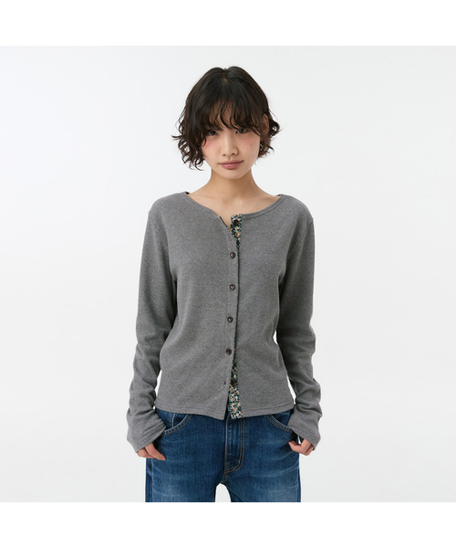 セール】FLORAL COLOR BLOCK JERSEY CARDIGAN, GRAY（カーディガン
