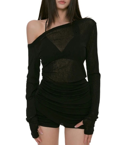 lilful(リルフル)の「【26年秋冬新作】ワンショルダー シアーロングトップス(Tシャツ/カットソー・レディース・カーキ/ブラック・F)」の5枚目の写真