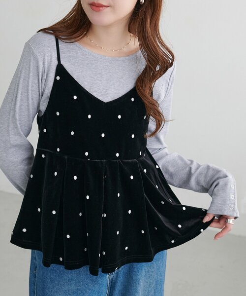 DISCOAT(ディスコート)の「ドット刺繍ベロアキャミ(キャミソール・レディース・ブラウン/ブラック・FREE)」の1枚目の写真