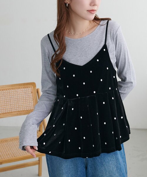 DISCOAT(ディスコート)の「ドット刺繍ベロアキャミ(キャミソール・レディース・ブラウン/ブラック・FREE)」の4枚目の写真
