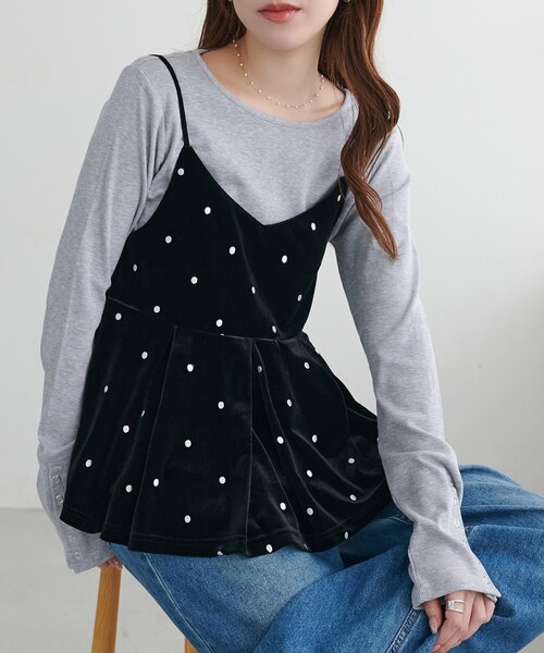 DISCOAT(ディスコート)の「ドット刺繍ベロアキャミ(キャミソール・レディース・ブラウン/ブラック・FREE)」の6枚目の写真