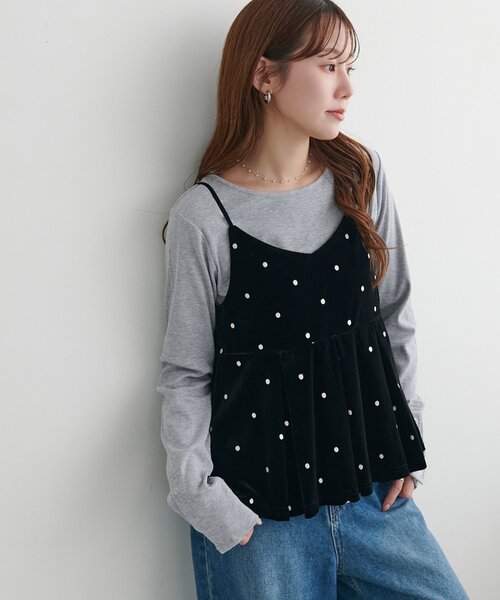 DISCOAT(ディスコート)の「ドット刺繍ベロアキャミ(キャミソール・レディース・ブラウン/ブラック・FREE)」の7枚目の写真
