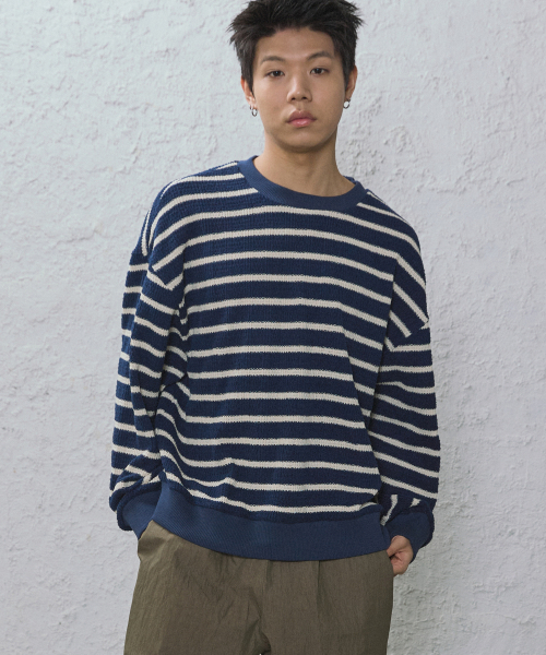 CAMEL WORK(キャメルワーク)の「ブークルストライプニット(ネイビー)(ニット/セーター・メンズ・その他・LARGE)」の1枚目の写真