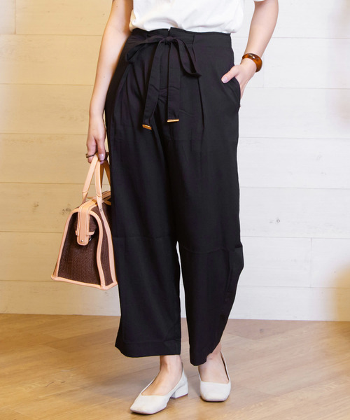 B.I.D.（ビーアイディー）の「BID / Linen調 Waist Ribbon Tuck Pants（その他パンツ・レディース・オフホワイト/ブラック/ベージュ/テラコッタ・FREE）」の3枚目の写真