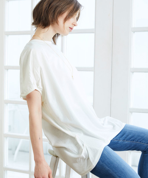 Chaco closet(チャコ クローゼット)の「綿ワイドアシンメトリートップス(Tシャツ/カットソー・レディース・オフホワイト/ブラック/チャコールグレー/ベージュ/カーキ・M-L)」の9枚目の写真