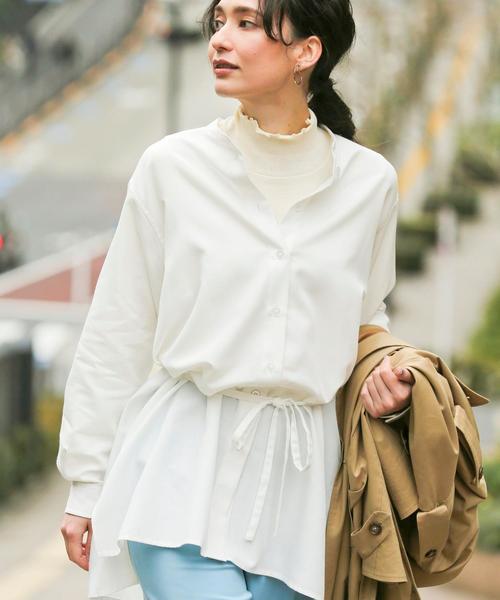 coen(コーエン)の「ウエストマークバンドカラーロングシャツ(シャツ/ブラウス・レディース・ホワイト/ダークグレー/ベージュ・FREE)」の2枚目の写真