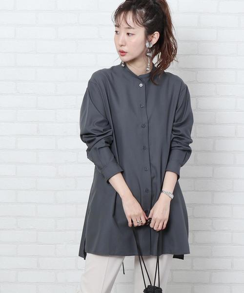 coen(コーエン)の「ウエストマークバンドカラーロングシャツ(シャツ/ブラウス・レディース・ホワイト/ダークグレー/ベージュ・FREE)」の3枚目の写真