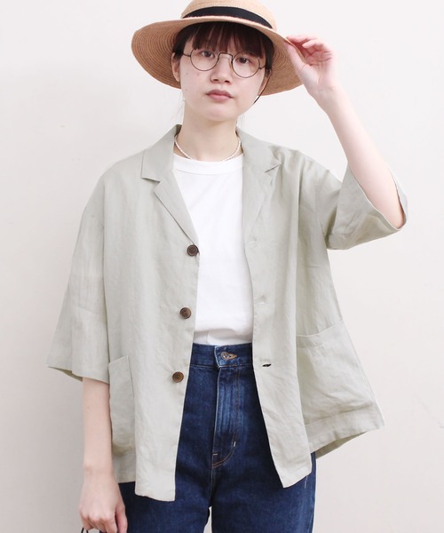 fig Ｌondon（フィグロンドン）の「△uncle LINEN　ＳＨ-ＪＫ（シャツ/ブラウス・レディース・ブラック/ベージュ/サックスブルー/オレンジ・FREE）」の5枚目の写真
