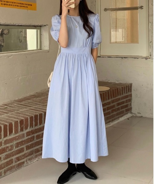 DAIS-Y（デイジー）の「パフスリーブバックVリボン ウエスト切替ロングワンピース（ワンピース・レディース・ホワイト/ピンク/ブルー/ライトグリーン・FREE）」の4枚目の写真