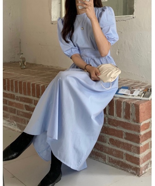 DAIS-Y（デイジー）の「パフスリーブバックVリボン ウエスト切替ロングワンピース（ワンピース・レディース・ホワイト/ピンク/ブルー/ライトグリーン・FREE）」の7枚目の写真