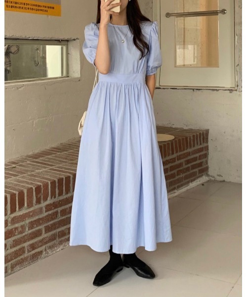 DAIS-Y（デイジー）の「パフスリーブバックVリボン ウエスト切替ロングワンピース（ワンピース・レディース・ホワイト/ピンク/ブルー/ライトグリーン・FREE）」の8枚目の写真