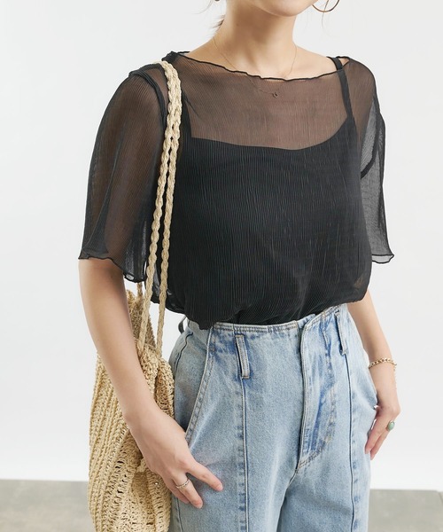 COLONY 2139(コロニートゥーワンスリーナイン)の「シアー楊柳半袖トップス&キャミセット(シャツ/ブラウス・レディース・ブラック/ベージュ/オフホワイト/ブルー/ミント・MEDIUM)」の2枚目の写真