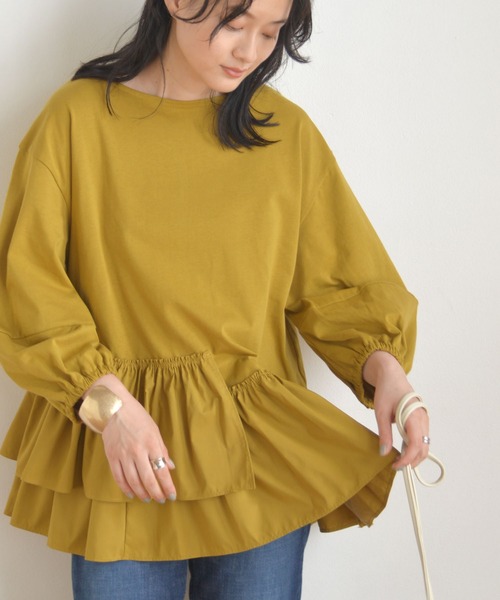 AMERICAN HOLIC(アメリカンホリック)の「異素材ティアード5分袖プルオーバー(Tシャツ/カットソー・レディース・オフホワイト/マスタード/ブラック・L/M)」の3枚目の写真